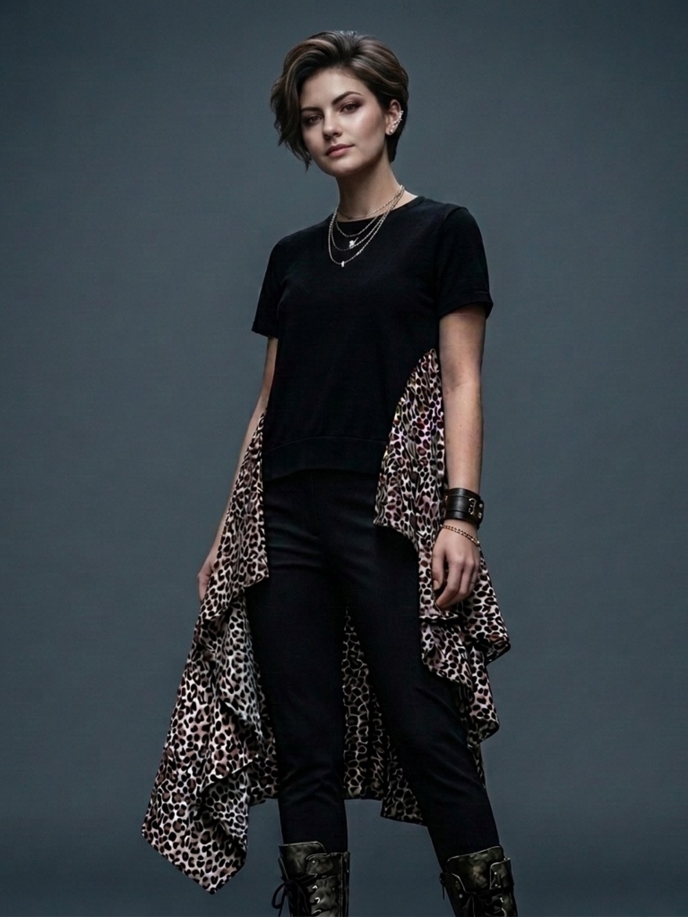NWT English Factory Black T-Shirt Top with Leopard Print Train SzM Edgy Dramatic